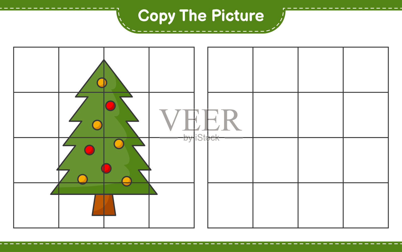复制图片，使用网格线复制圣诞树的图片。教育儿童游戏，可打印的工作表，矢量插图插画图片素材