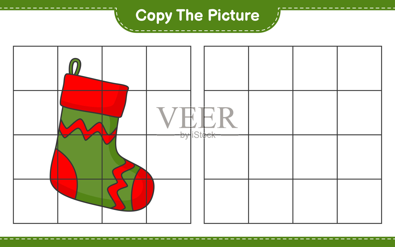 复制图片，复制圣诞袜的图片使用网格线。教育儿童游戏，可打印的工作表，矢量插图插画图片素材