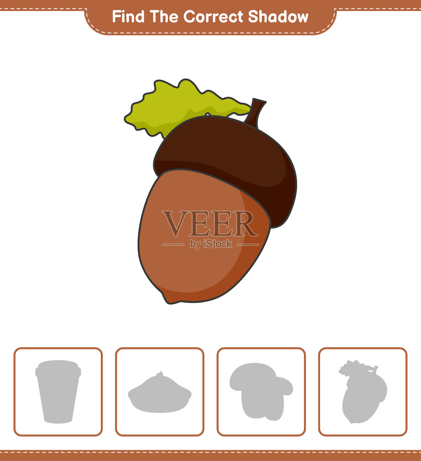找到正确的影子。找到并匹配橡果的正确阴影。教育儿童游戏，可打印的工作表，矢量插图插画图片素材