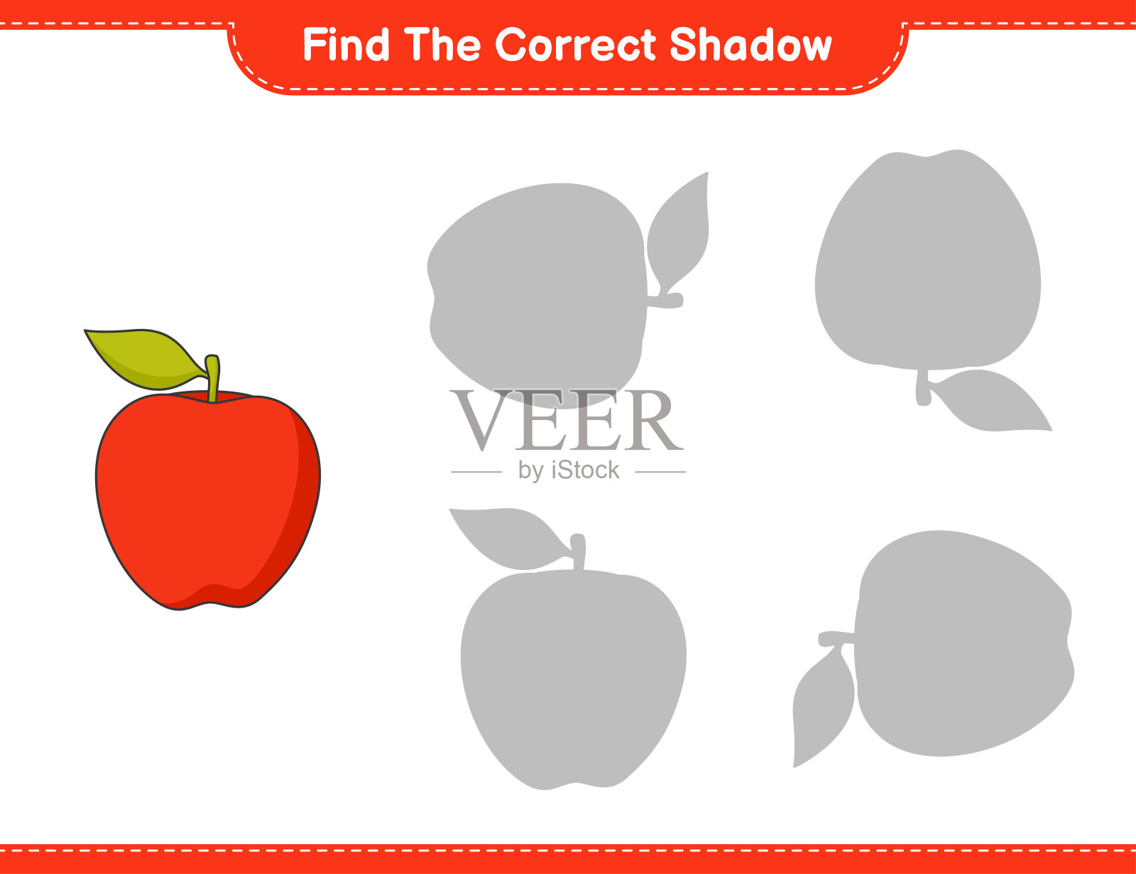 找到正确的影子。找到并匹配正确的苹果影子。教育儿童游戏，可打印的工作表，矢量插图插画图片素材