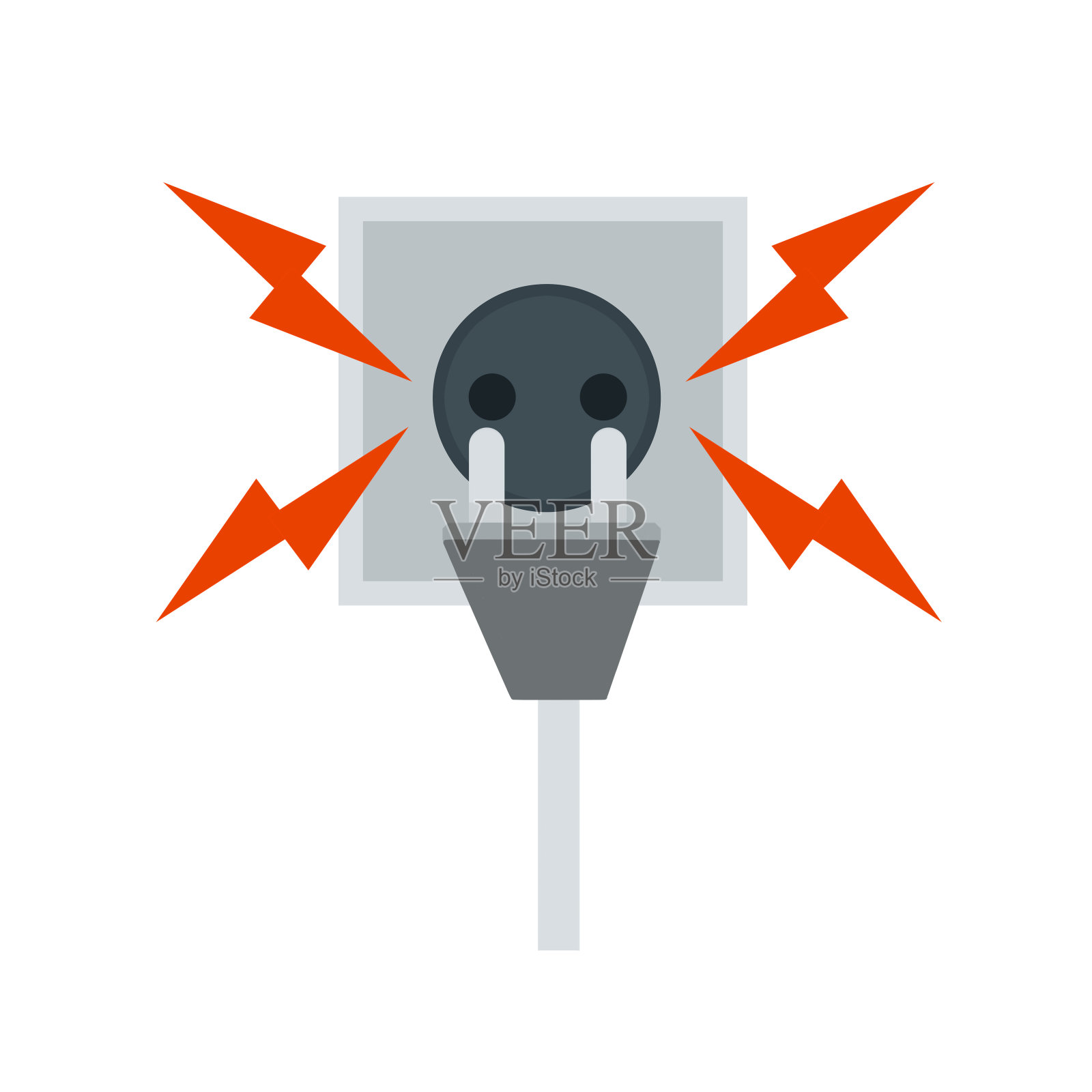 有红色电线的电缆损坏。橙色的闪电和火花。折线。错误的电器。电力安全规程。卡通平面插图。触电，短路。插画图片素材