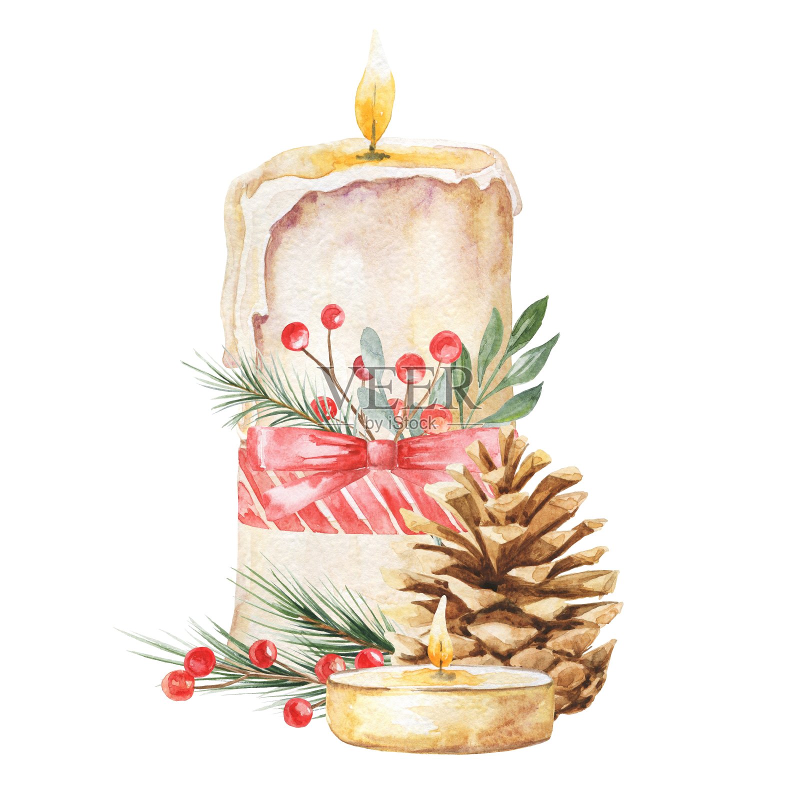 白色背景上装饰的水彩圣诞蜡烛。水彩画贺卡。插画图片素材