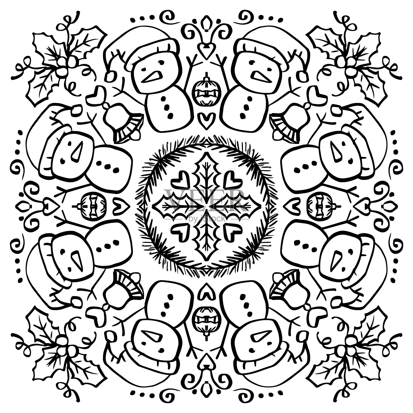 圣诞曼荼罗装饰与雪人。手绘插图。插画图片素材