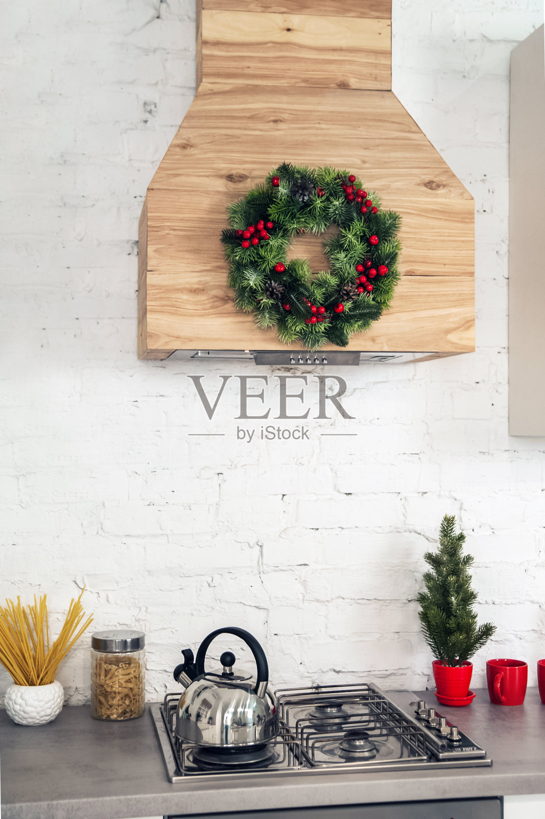 厨房装饰圣诞节，新年。厨房细节，放置文字。照片摄影图片