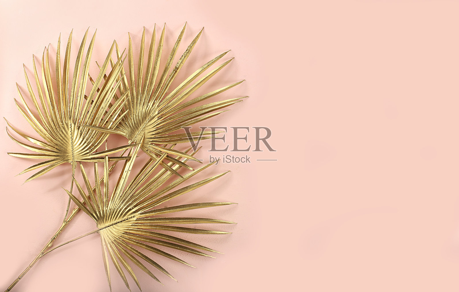 抽象的插花平铺，背景，最小的节日概念与花，春天的旗帜。粉色桌子上的金色棕榈叶。母亲节卡片,照片摄影图片