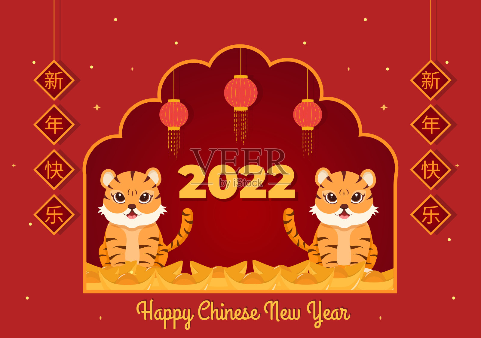 快乐的中国新年2022年与生肖可爱的老虎和花在红色背景的贺卡，日历或海报在平面设计插图插画图片素材