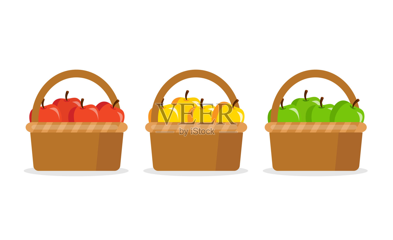 不同的苹果在柳条筐孤立在白色背景上。插画图片素材