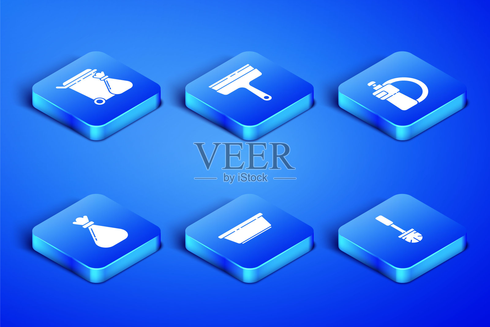 设置马桶刷、垃圾桶和垃圾袋、塑料盆、垃圾、窗户橡胶清洁剂和洗碗液瓶盘图标。向量图标素材