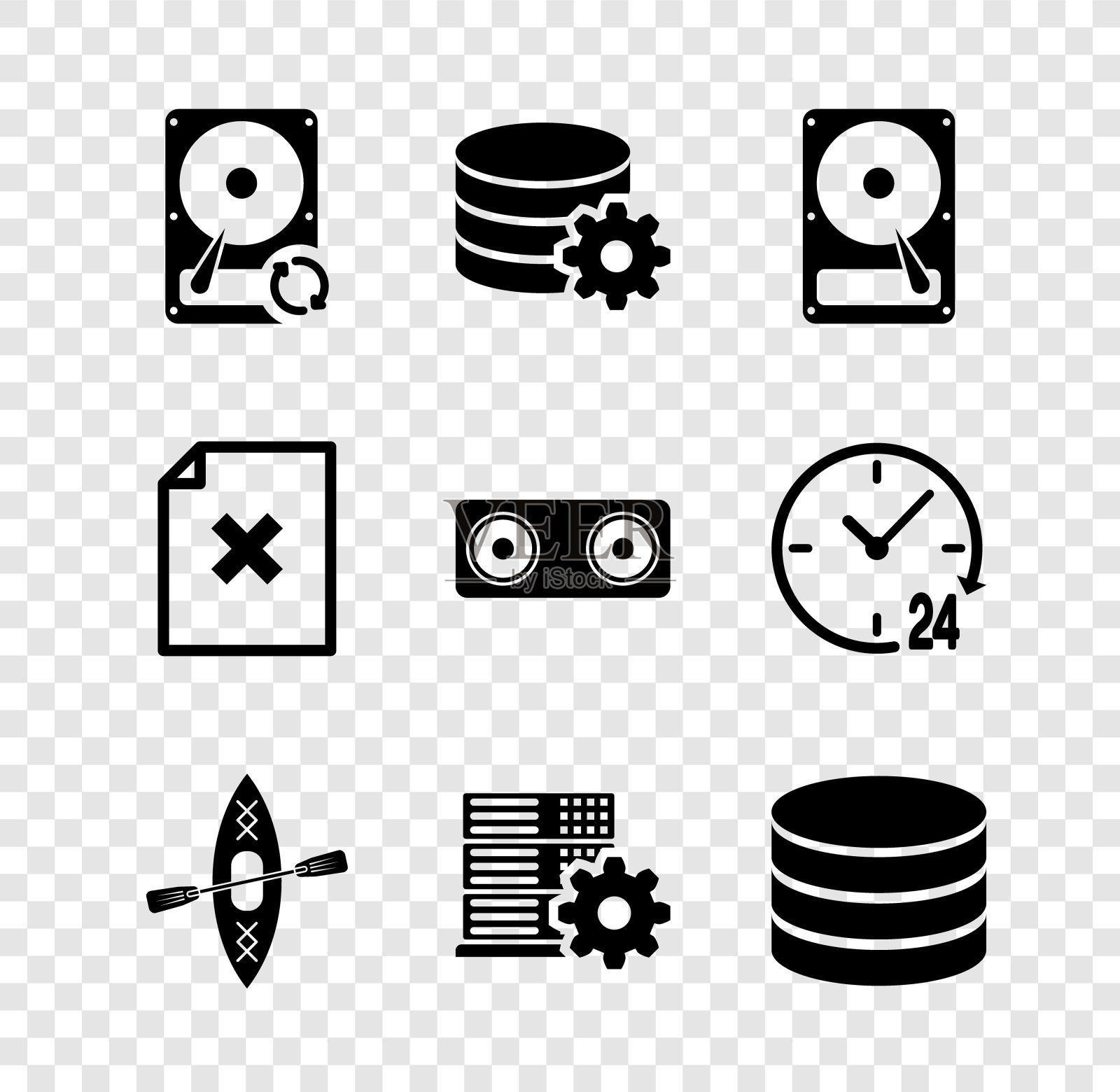 设置硬盘驱动器HDD同步刷新、设置数据库服务器、Kayak和paddle、服务器设置和数据库图标。向量图标素材