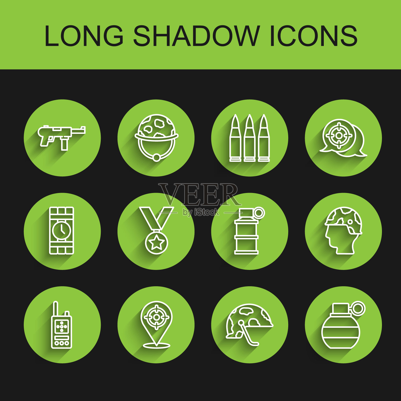 设置对讲机，目标运动，冲锋枪M3，军用头盔，手雷，奖励奖章，陆军士兵和烟雾图标。向量插画图片素材