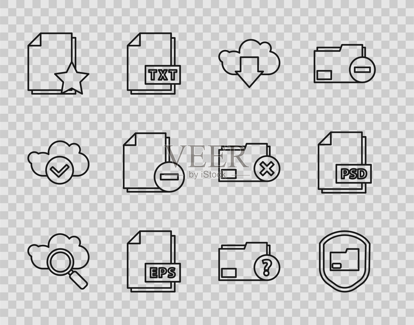 设置行搜索云计算，文件文件夹保护，云下载，EPS文件文档，带有星号，减号，未知和PSD图标。向量图标素材