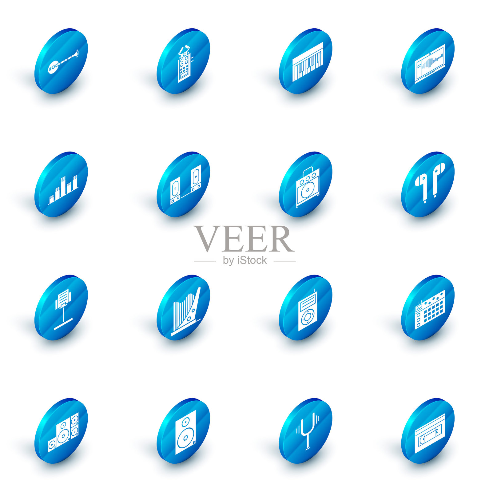 设置麦克风，音乐合成器，声音或音频录音机笔记本电脑，均衡器，支架，立体声扬声器，空气耳机和吉他放大器图标。向量图标素材