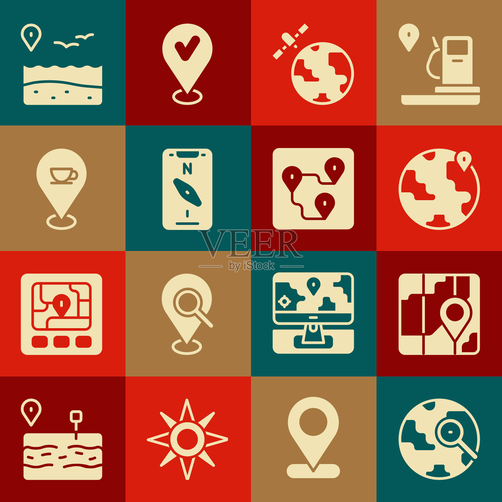 设置放大镜与地球仪，城市地图导航，定位，卫星轨道行星，指南针移动，咖啡杯，海滩和路线位置图标。向量图标素材