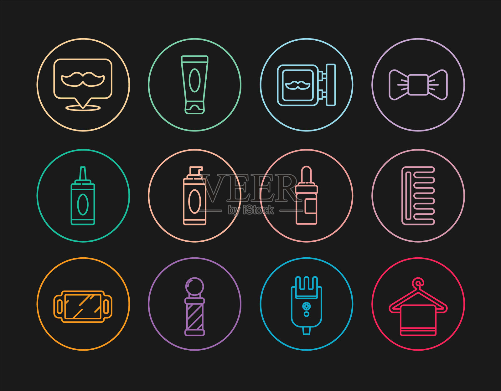 设置线毛巾在衣架上，发刷，理发店，剃须凝胶泡沫，洗发水，胡子和胡子护理油瓶和霜或乳液化妆品管图标。向量图标素材