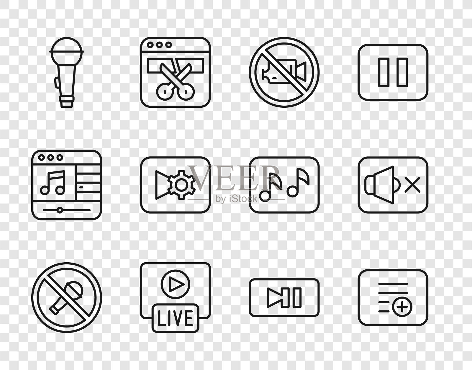 设置线路静音麦克风、添加到播放列表、禁止录像、直播流、麦克风、音乐设置、暂停键和扬声器静音图标。向量图标素材
