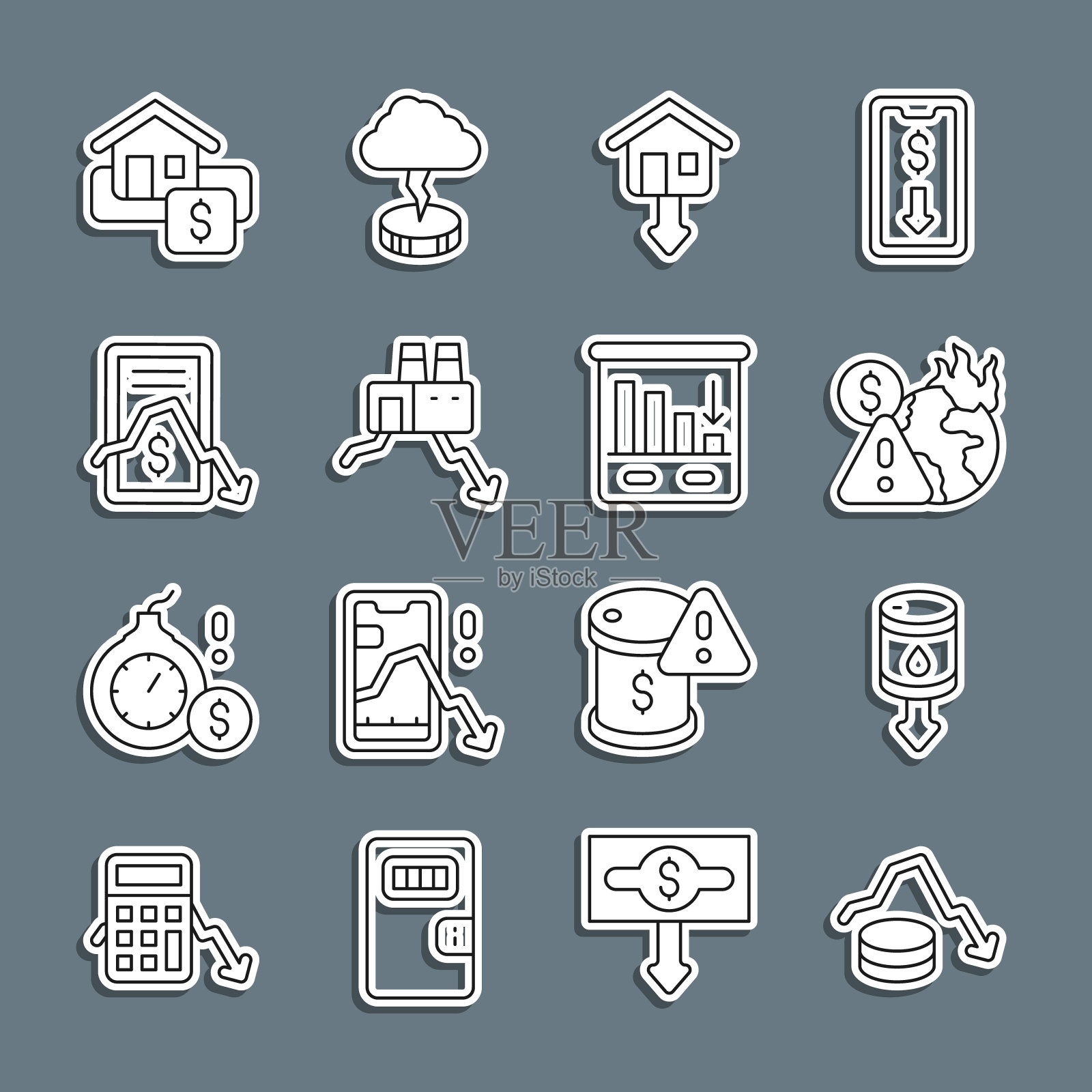 美元汇率下降，全球经济危机，房地产价格下跌，工厂关闭，移动股票交易，悬挂销售标志和饼图信息图标。向量图标素材