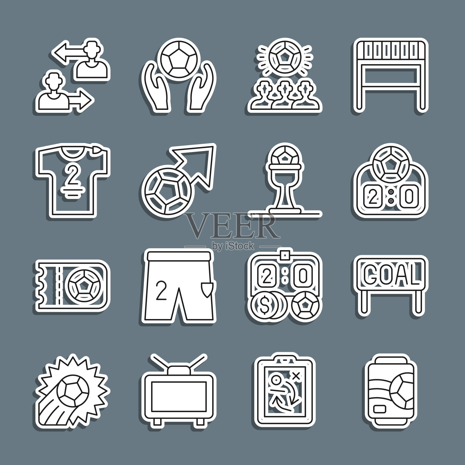 设置线啤酒罐，足球，运动机械记分牌，足球，足球球衣和t恤，换人球员和奖杯图标。向量图标素材