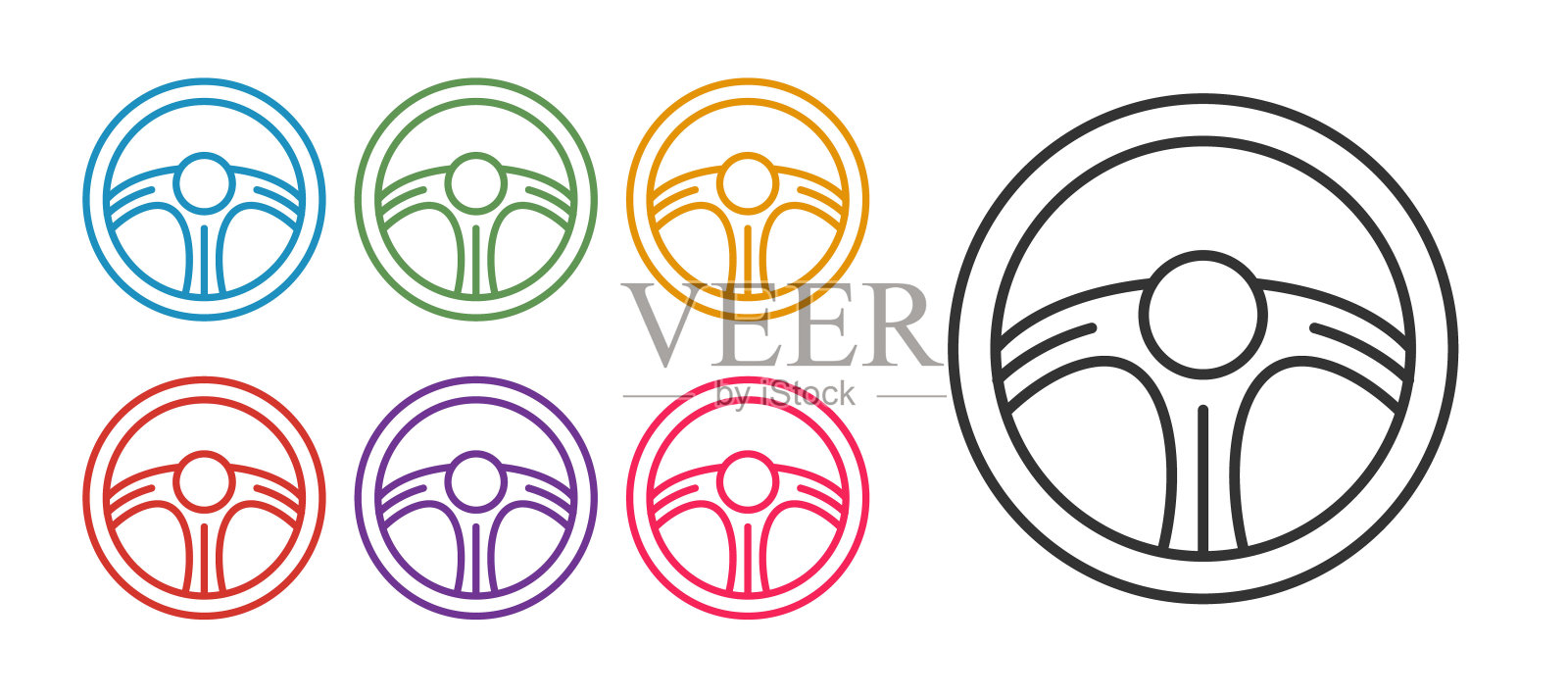 设置线赛车方向盘图标孤立在白色背景。汽车轮图标。设置图标丰富多彩。向量插画图片素材