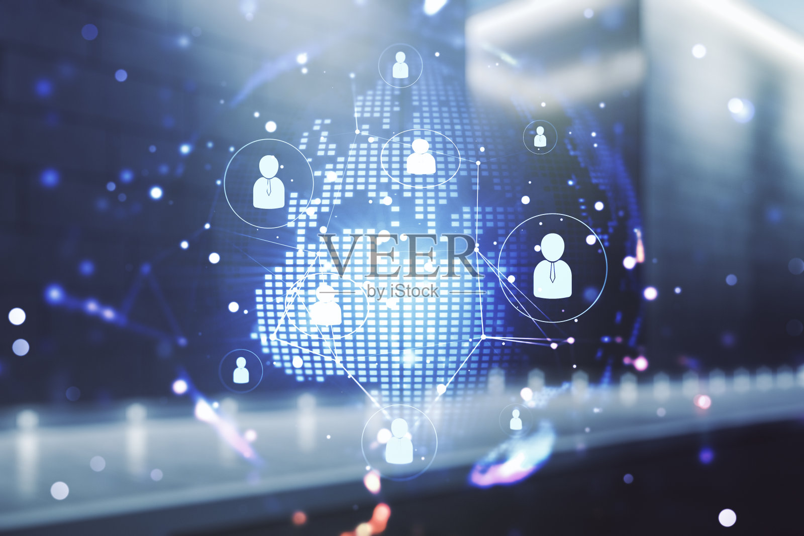 虚拟社交网络全息图和世界地图在模糊的现代办公大楼背景上。Multiexposure照片摄影图片