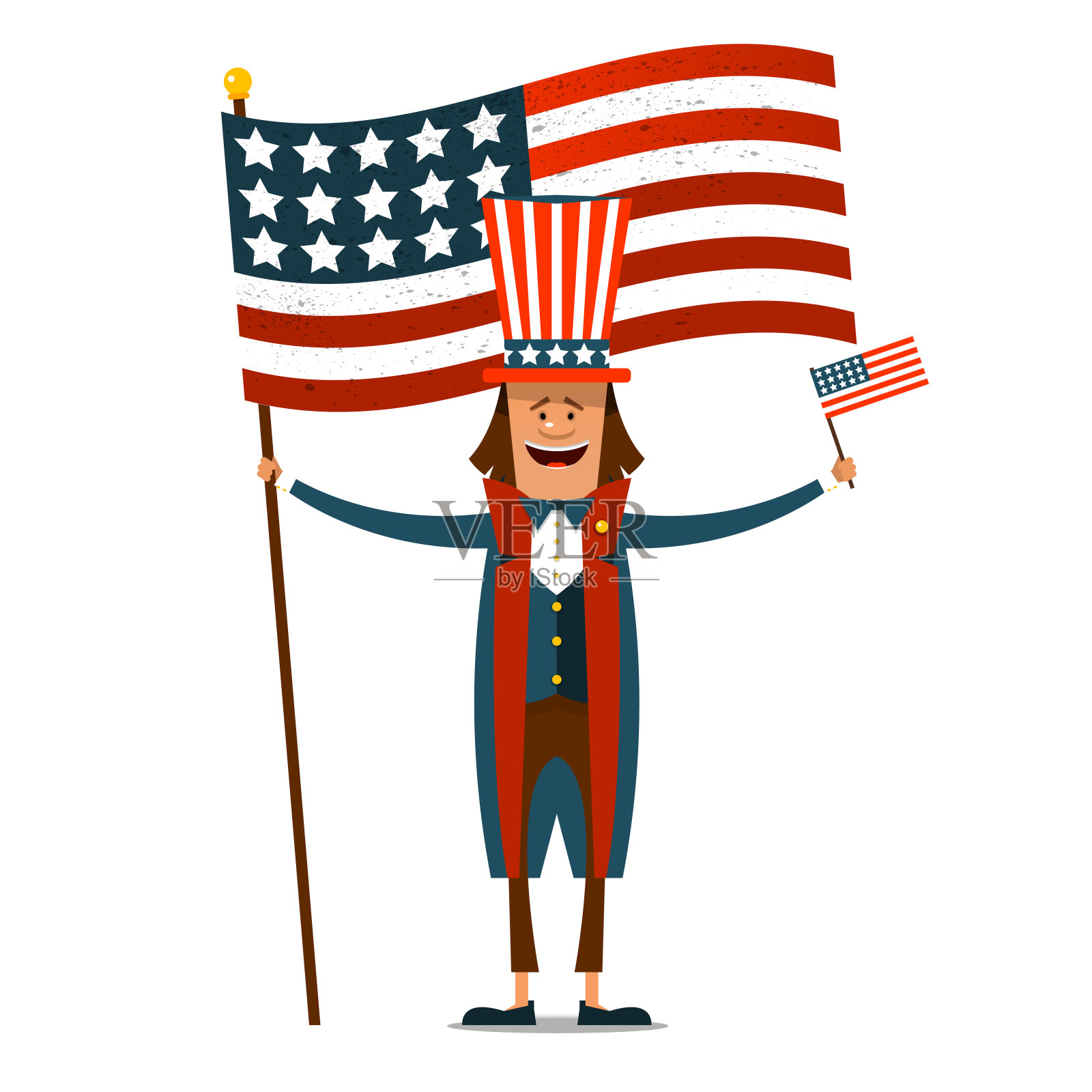 美国的独立日。七月四日。穿着传统服装的人在白色孤立的背景下，手中拿着美国国旗。矢量插图。插画图片素材