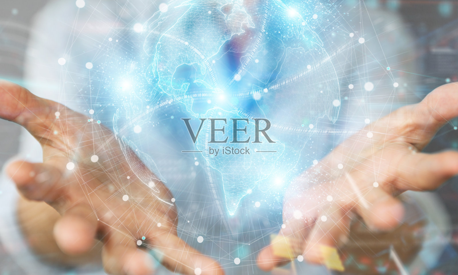 美国女商人使用美国地图全球网络全息图3D渲染照片摄影图片