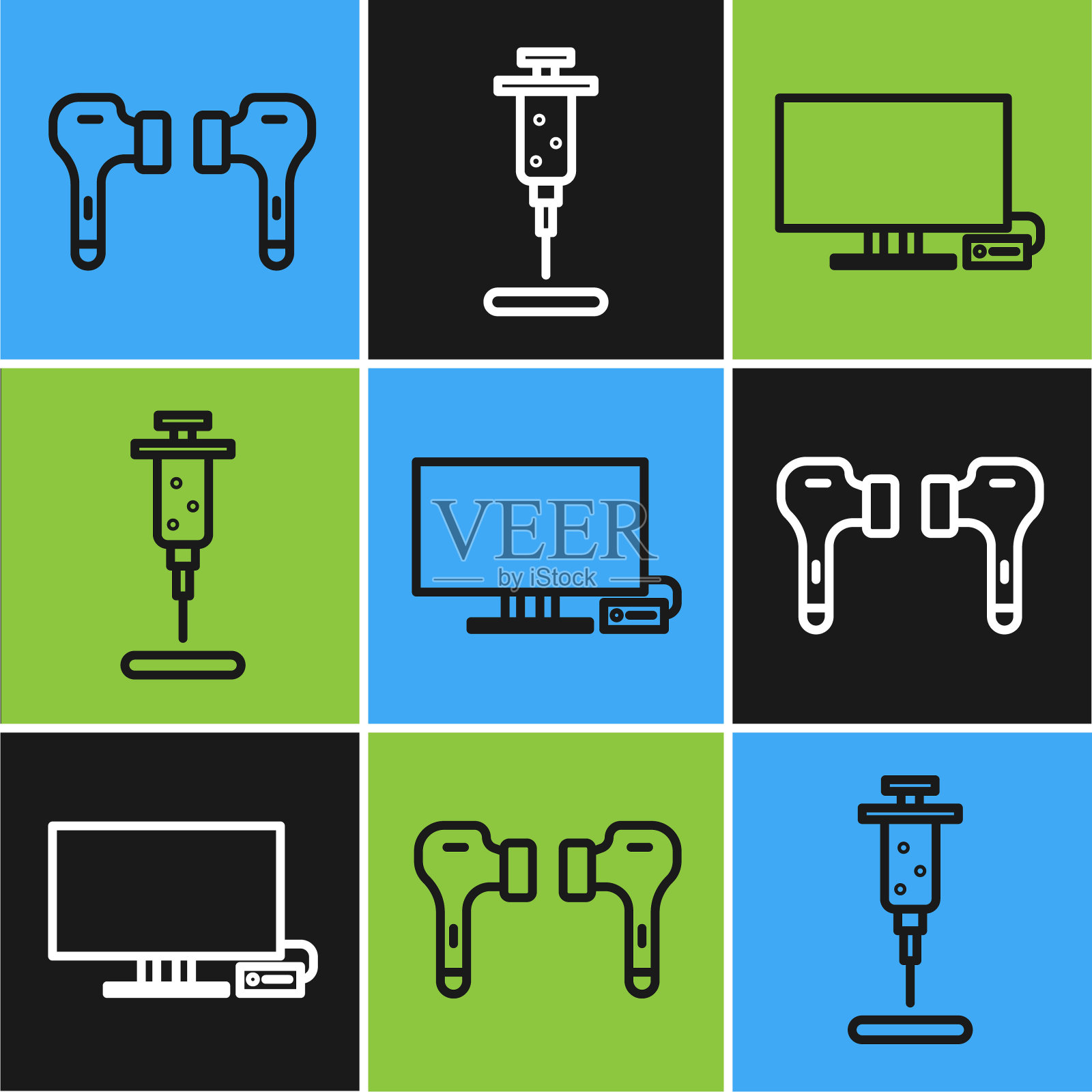 设置线路空气耳机，智能电视和注射器图标。向量插画图片素材