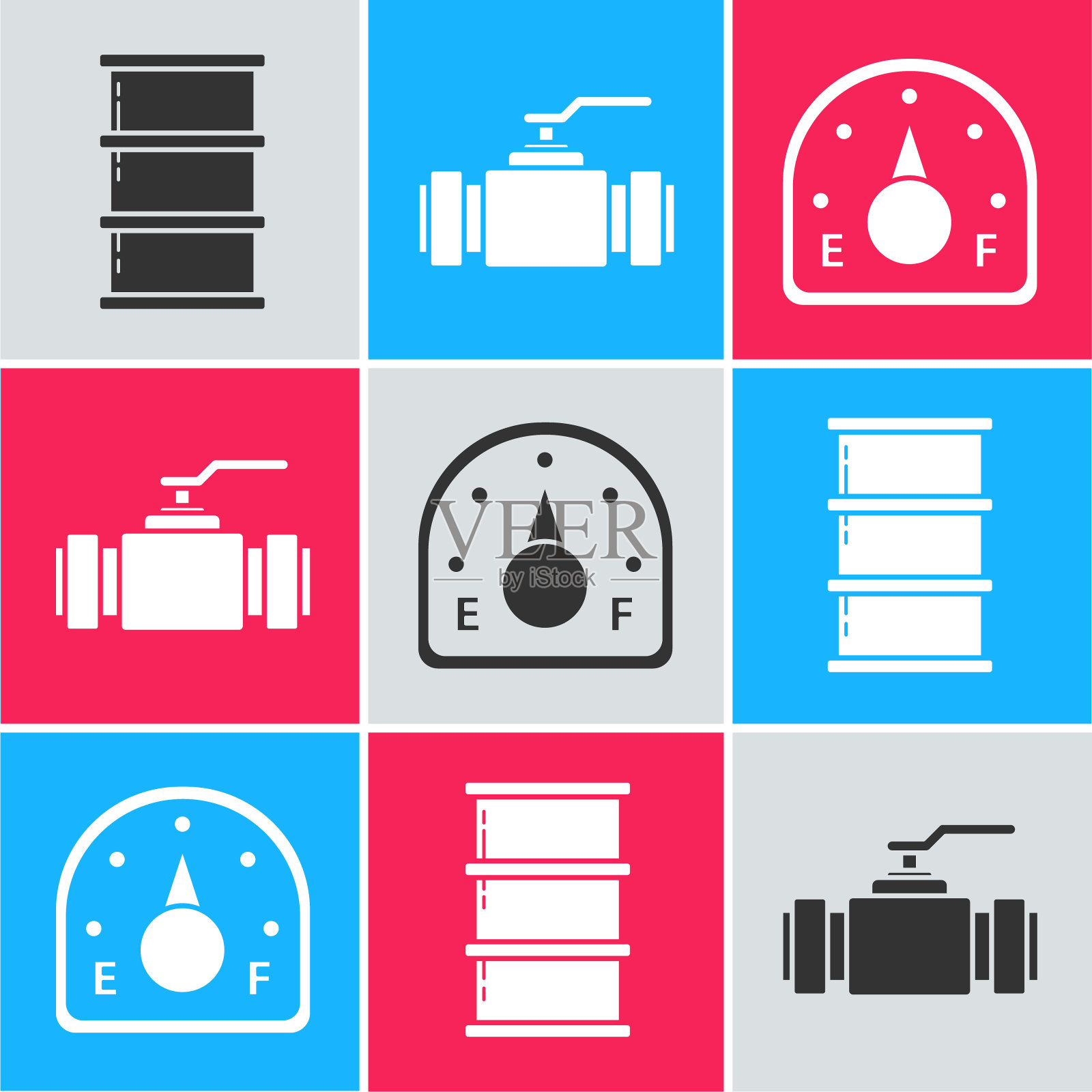设置桶油、工业金属管道和阀门、汽车气表图标。向量图标素材