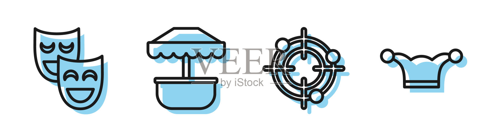 设定线目标运动射击比赛，喜剧戏剧面具，吸引力旋转木马和小丑帽子与铃铛图标。向量图标素材