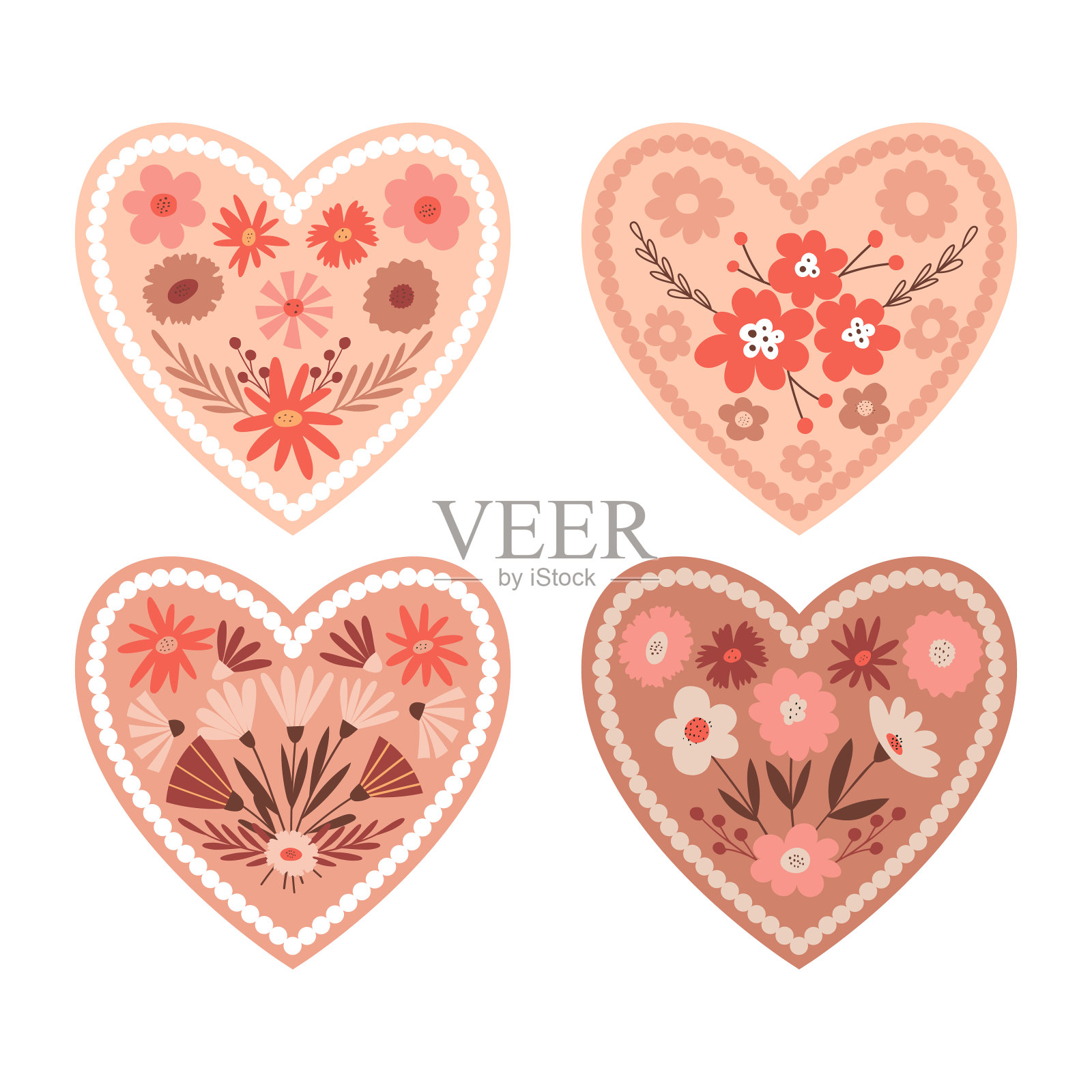 一套波西米亚风格的花心图案。带有花卉元素的情人节卡片。爱的象征。矢量插图孤立在白色背景上。插画图片素材