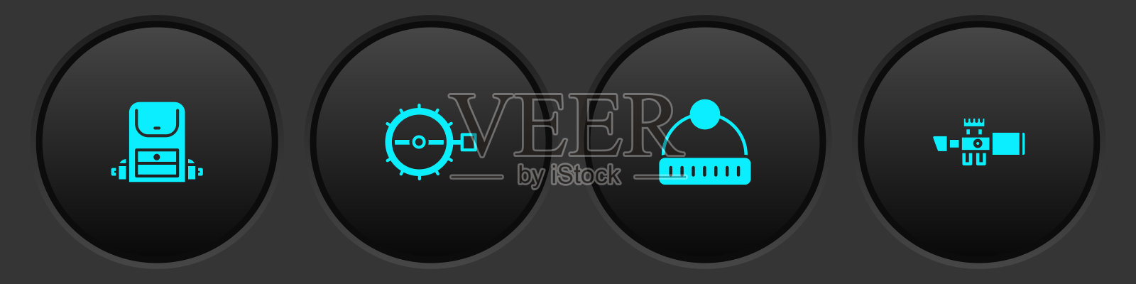 设置徒步背包，陷阱狩猎，冬季帽子和狙击手视景图标。向量插画图片素材