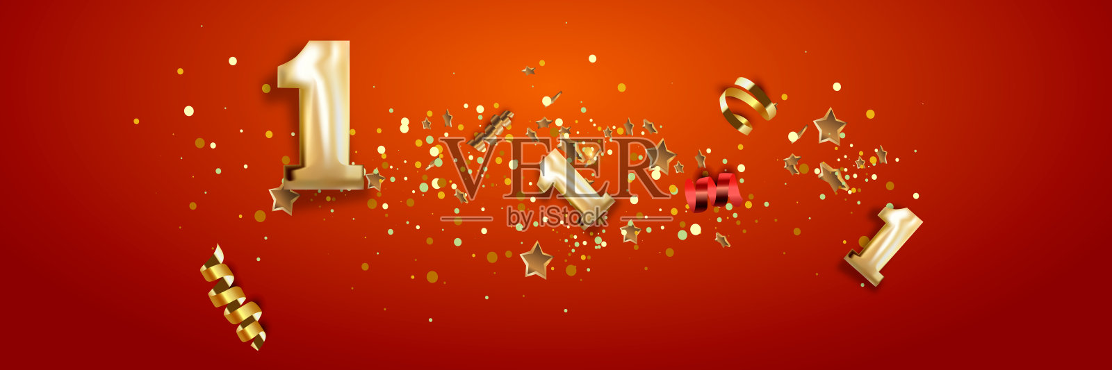 第一个周年庆典。金色的1号有闪亮的彩纸，星星，闪闪发光的彩带。向量喜庆的插图。插画图片素材