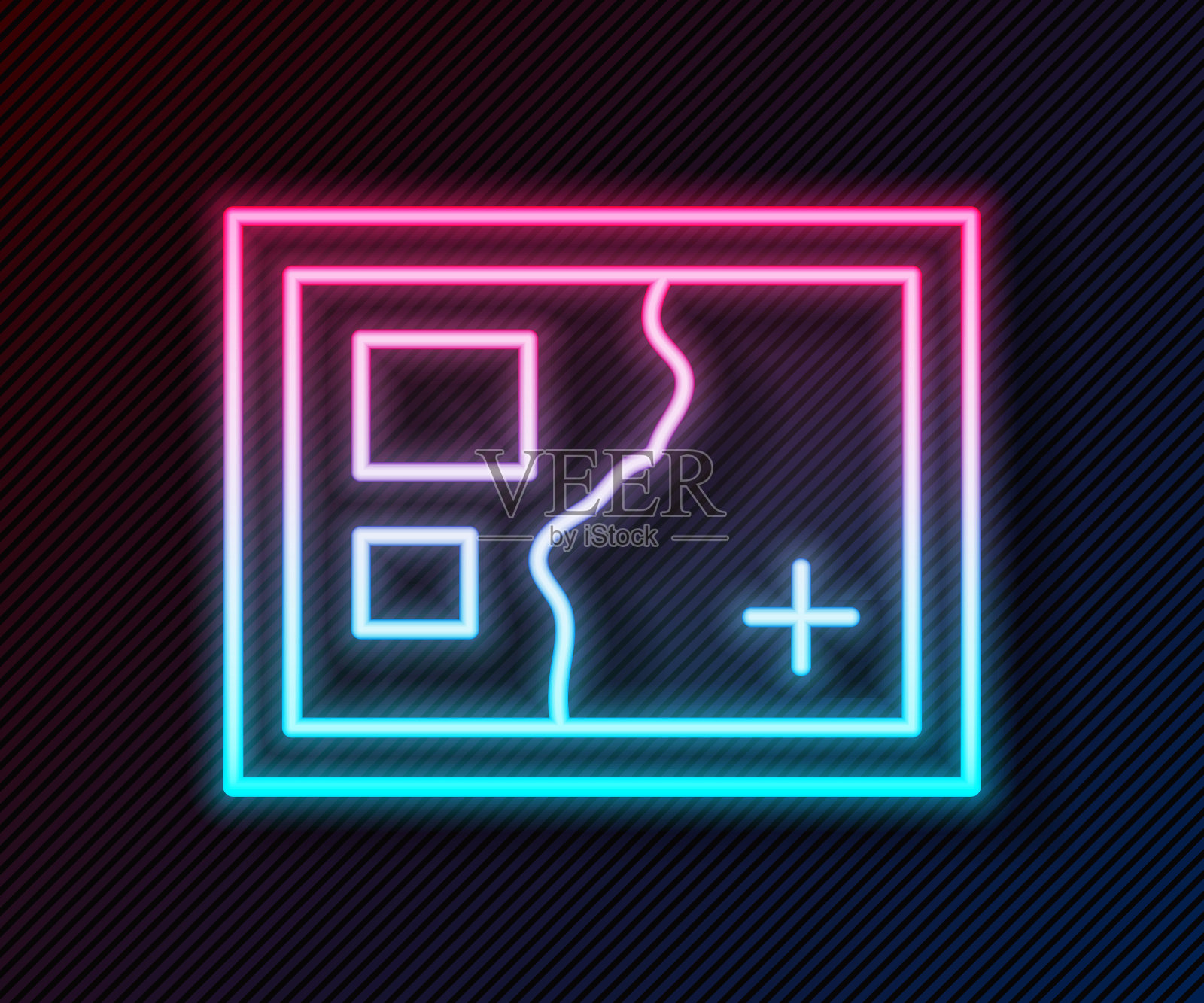 发光的霓虹灯线折叠地图图标孤立在黑色背景。向量图标素材