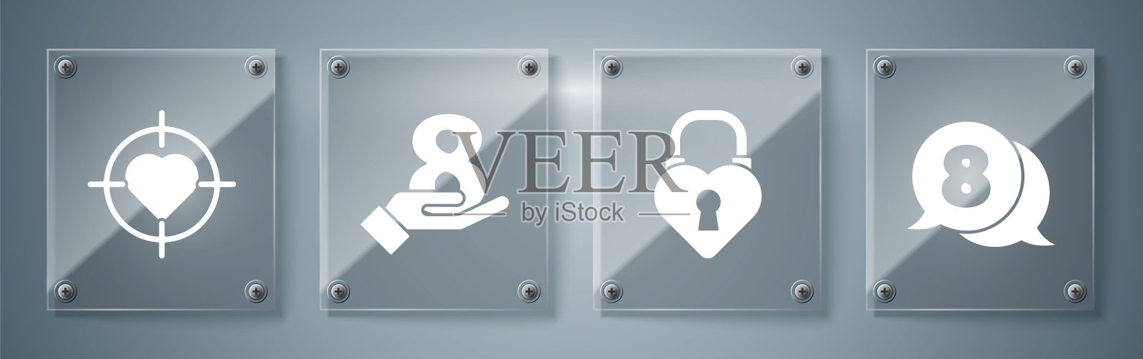 设定8号三月在语音泡泡，城堡在一个心脏的形状，8号三月在手和心脏在目标瞄准的中心。方形玻璃面板。向量插画图片素材