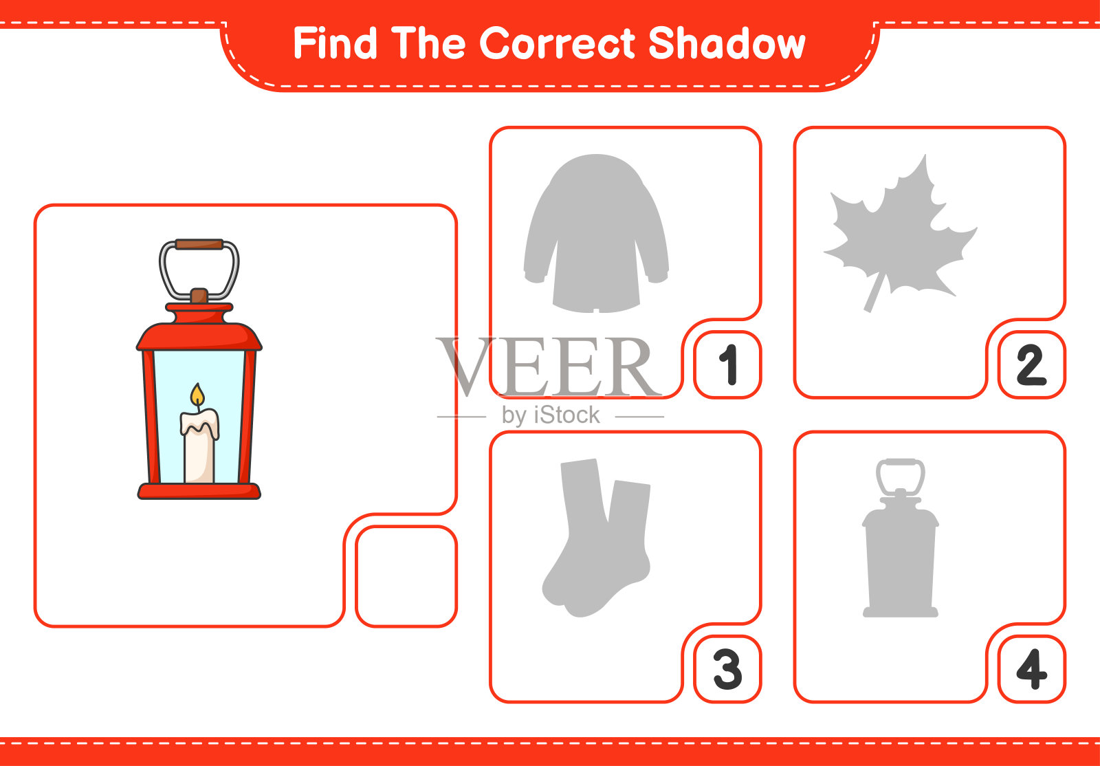 找到正确的影子。找到并匹配正确的影子灯笼。教育儿童游戏，可打印的工作表，矢量插图插画图片素材