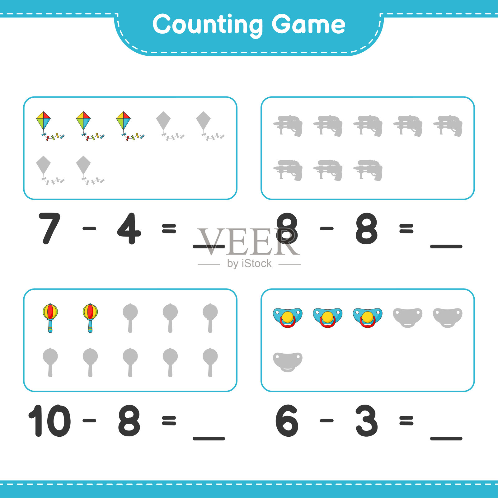 数数比赛，数数风筝、水枪、拨号鼓、奶嘴的数目，并与正确的数字配对。教育儿童游戏，可打印的工作表，矢量插图图标素材