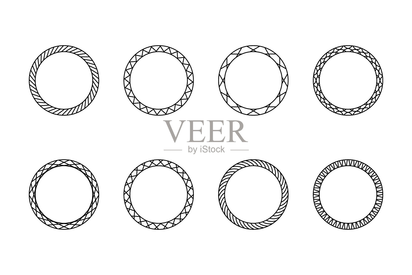 一套黑色复古圆形框架与装饰。一组抽象的黑色符号。收集复古横幅。在空模板上圈出信息和文本的位置。设计元素图片
