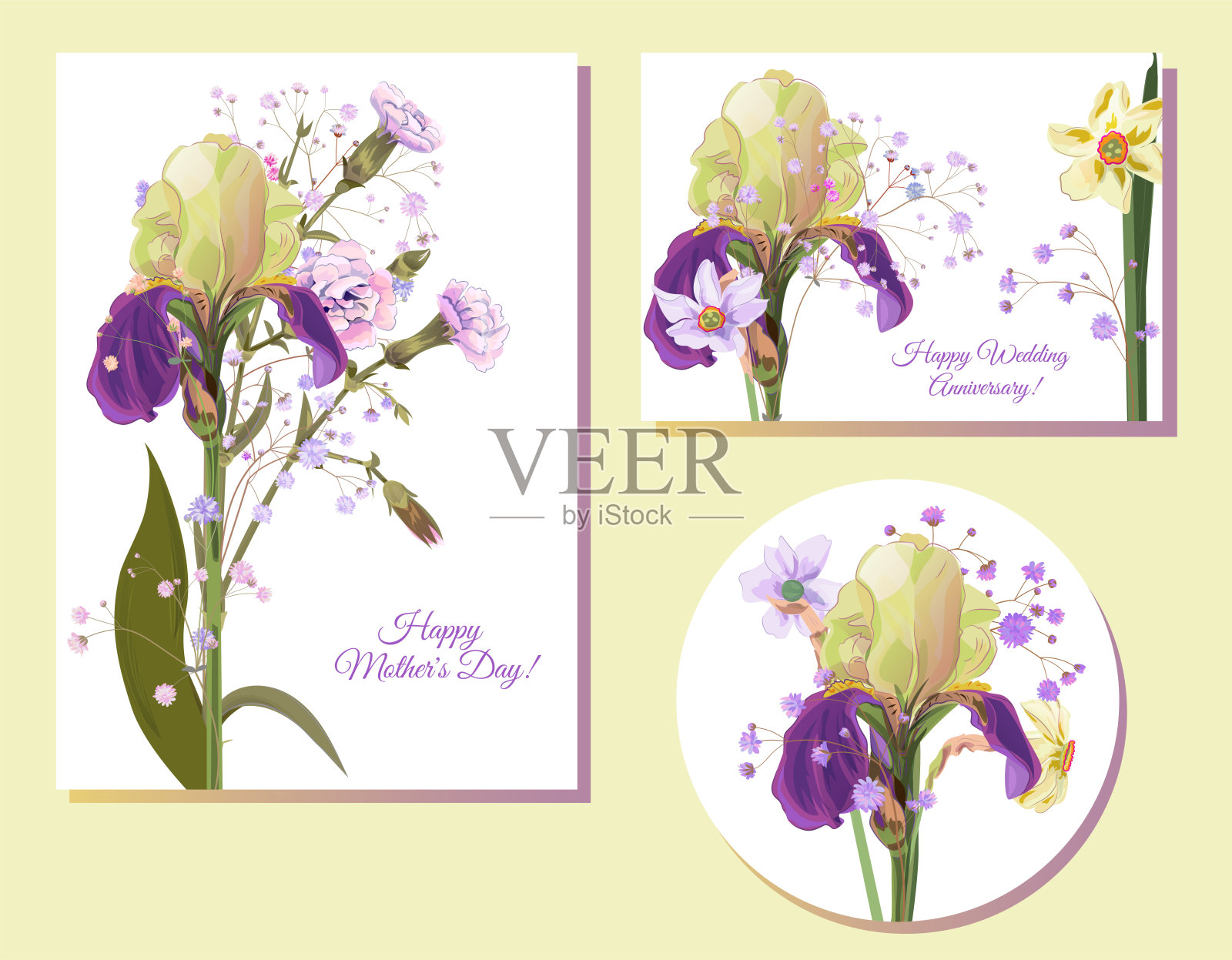 母亲节的模板集(垂直，水平，圆形):鸢尾花，水仙(水仙):蓝色，紫色的花在白色的背景上。逼真的植物插图在水彩风格，矢量设计模板素材