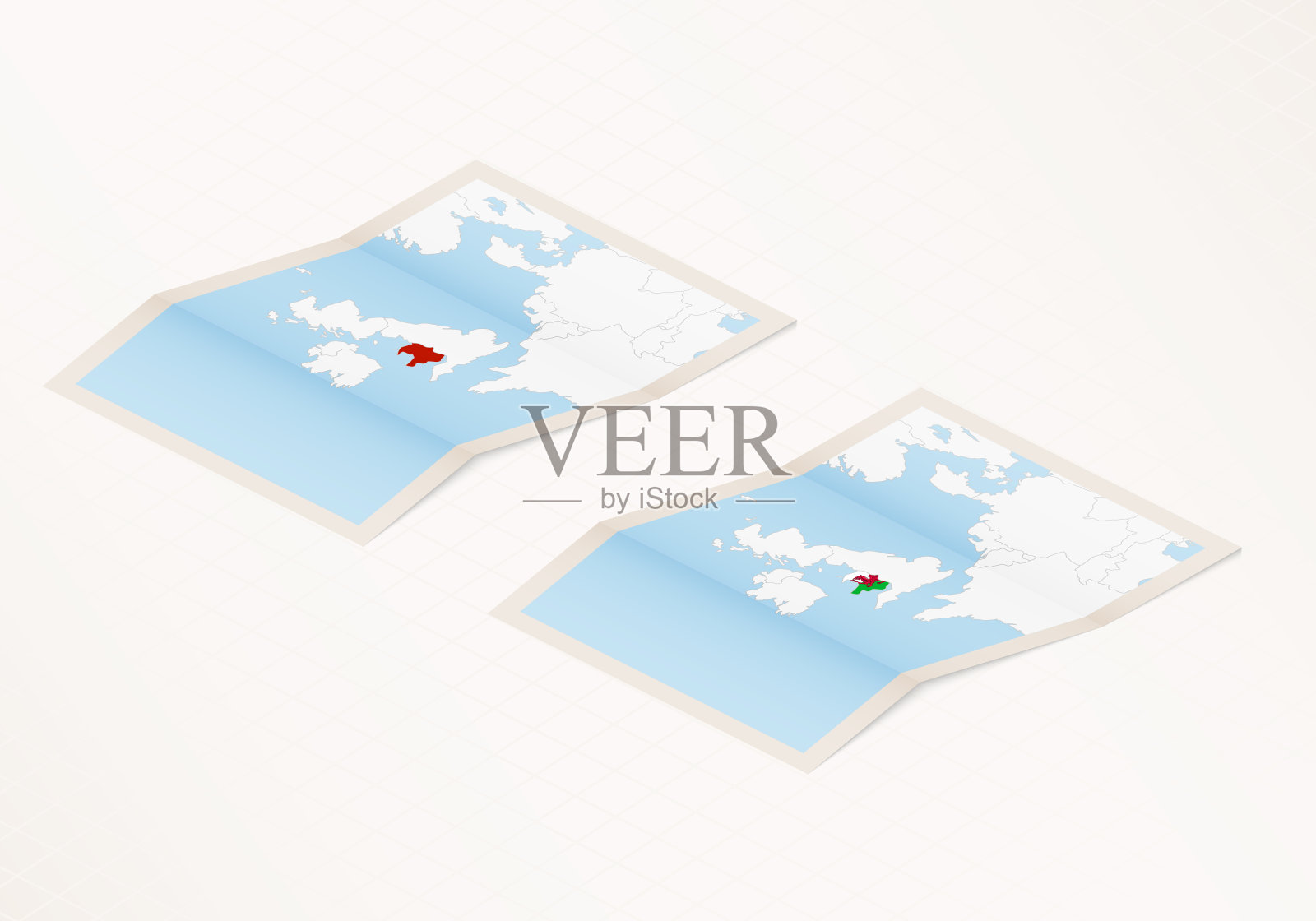 两个版本的折叠威尔士地图，威尔士国旗和红色突出显示。插画图片素材