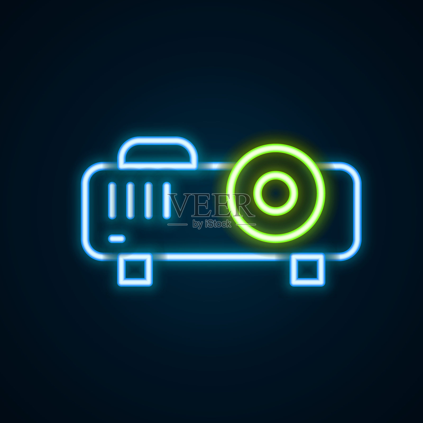 发光霓虹灯线介绍，电影，电影，媒体投影仪图标孤立在黑色背景。色彩斑斓的轮廓的概念。向量图标素材