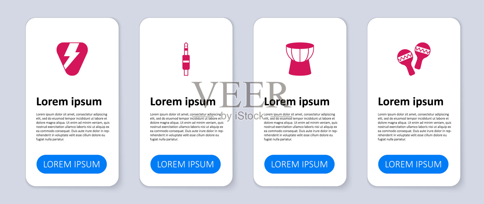设置沙槌，非洲达布卡鼓，音频插孔和吉他挑选。业务信息模板。向量设计模板素材