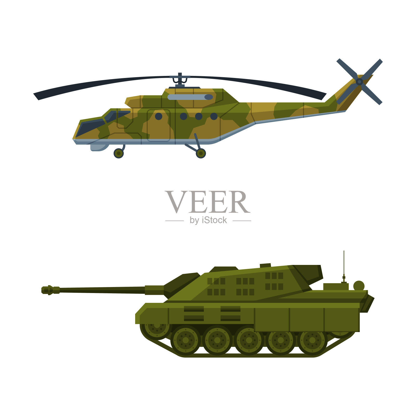 坦克和直升机作为装甲战斗车辆和军事运输装备向量集插画图片素材