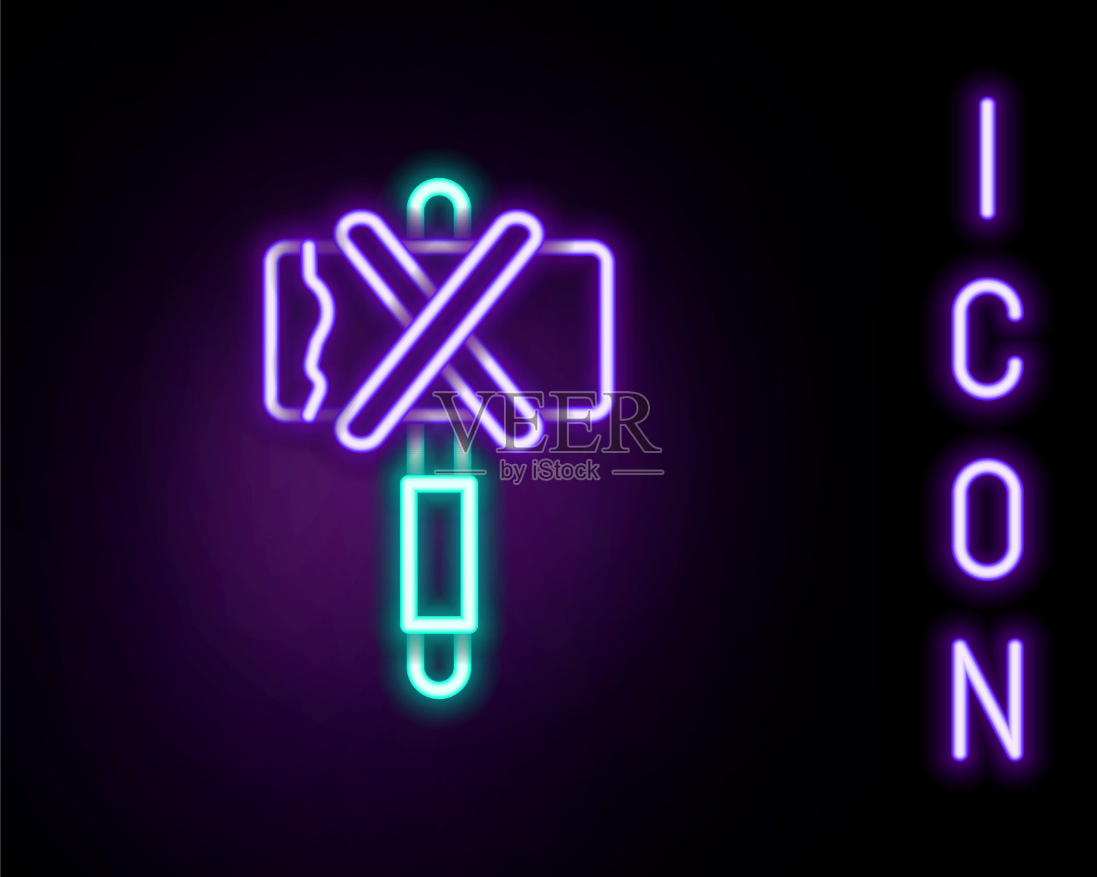 发光的霓虹灯线中世纪斧头图标孤立在黑色背景。战斧，刽子手斧。中世纪的武器。色彩斑斓的轮廓的概念。向量插画图片素材