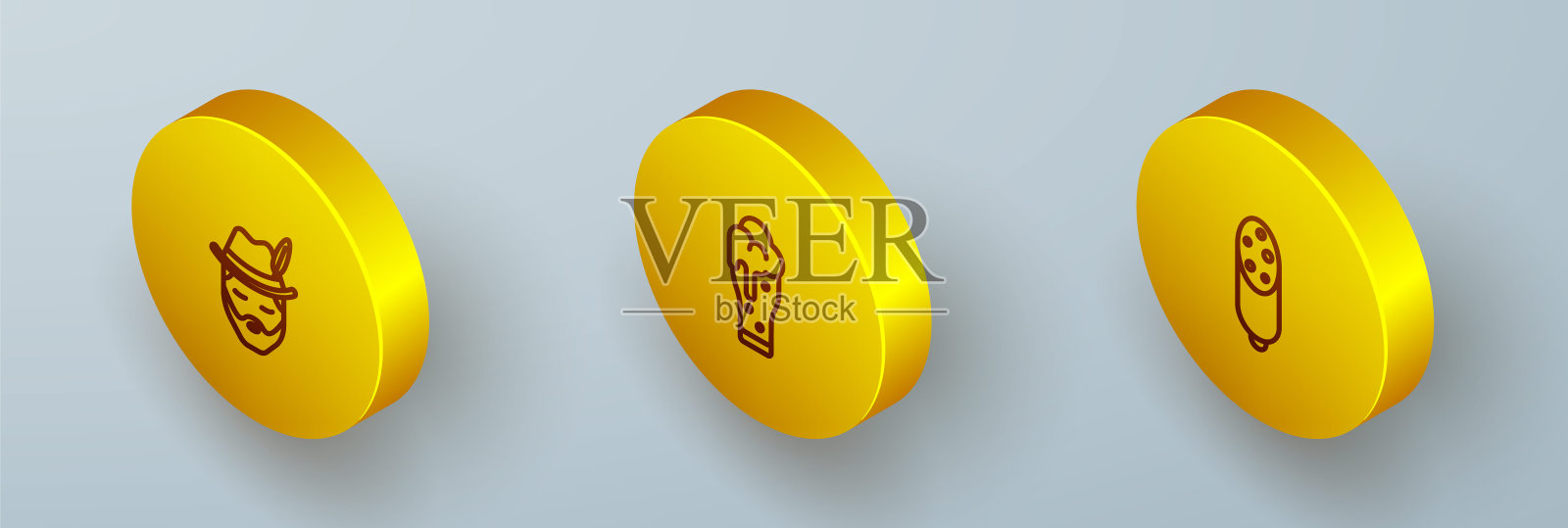 设置等距线慕尼黑啤酒节男子，啤酒和意大利香肠的图标。向量图标素材