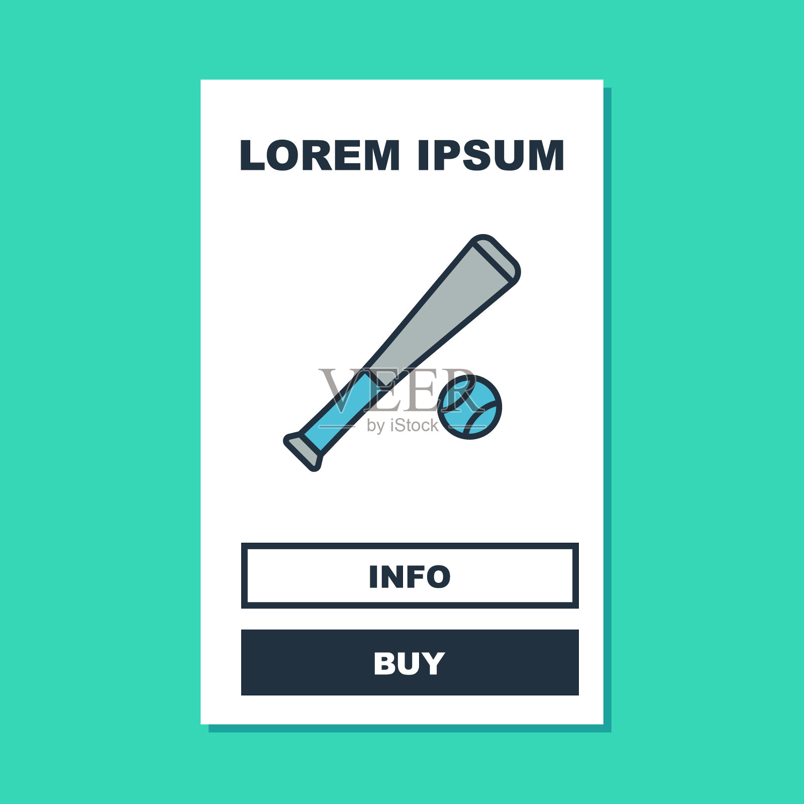 填充轮廓棒球棒与球图标孤立在绿松石背景。向量插画图片素材