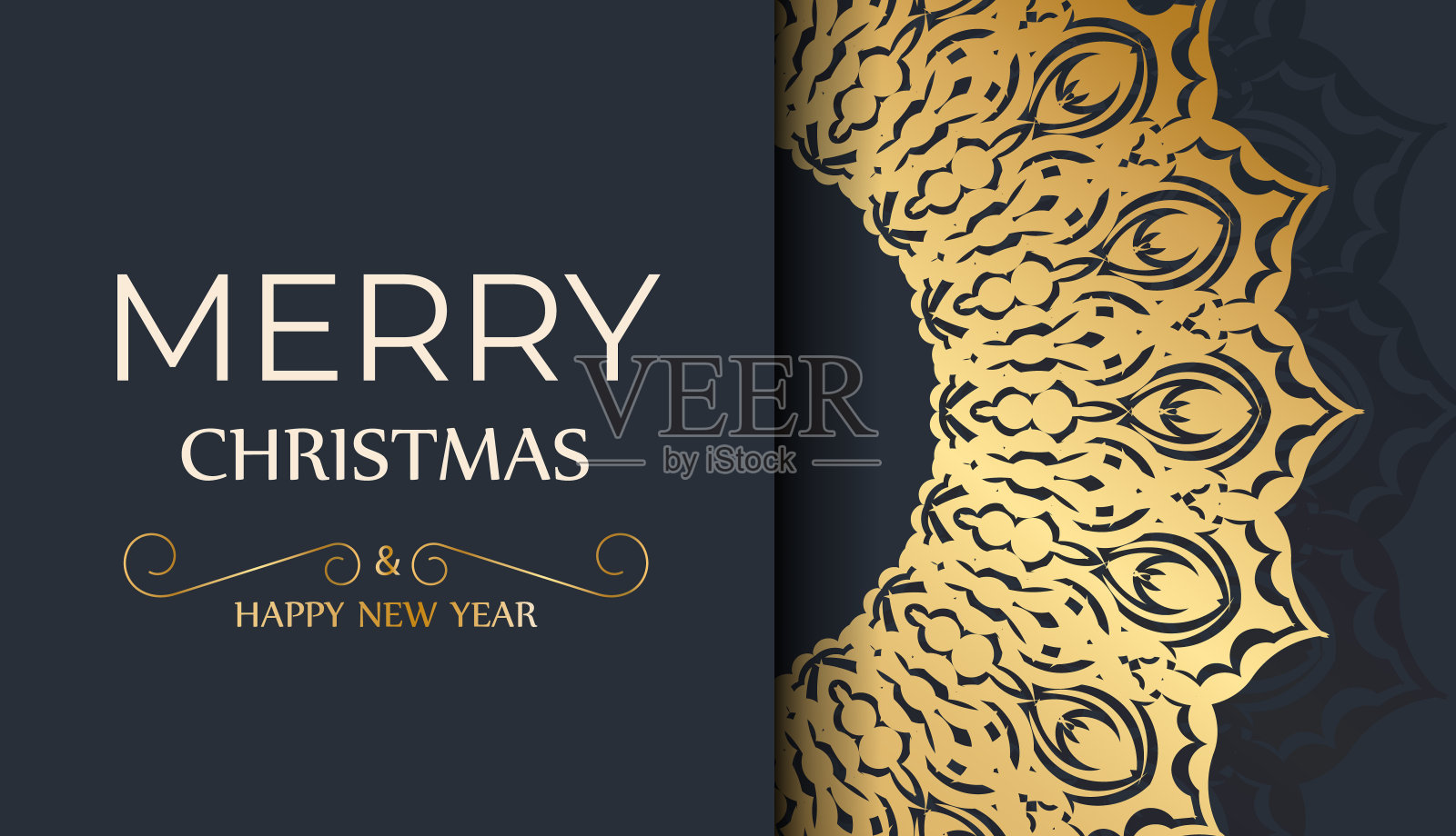 模板贺卡祝你圣诞快乐，深蓝色与豪华金色图案设计模板素材