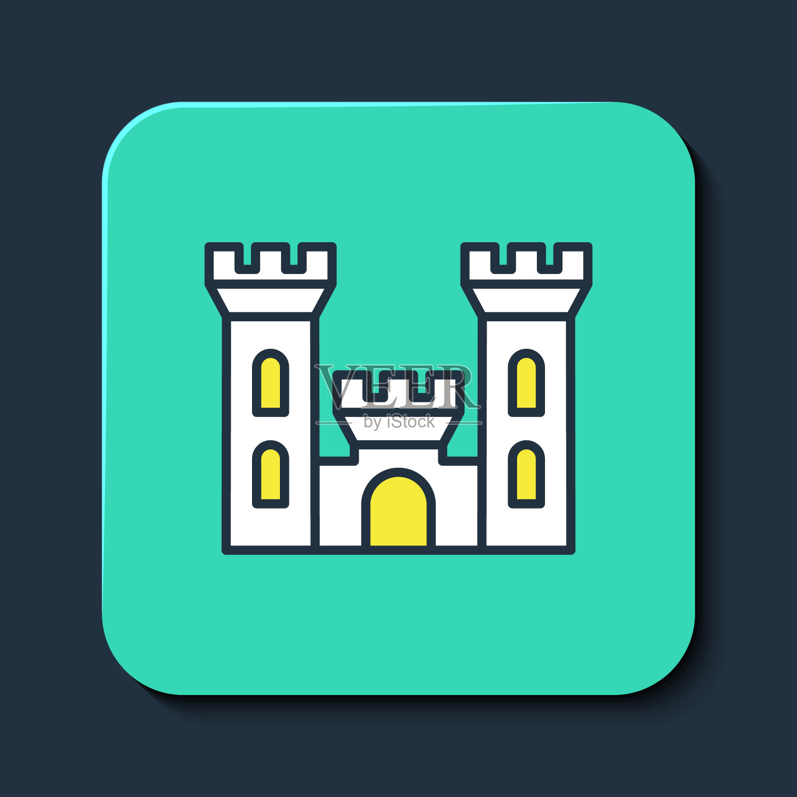 填充轮廓城堡图标孤立在蓝色背景。有塔的中世纪堡垒。防止敌人。城市的可靠性和防御能力。绿松石平方按钮。向量图标素材