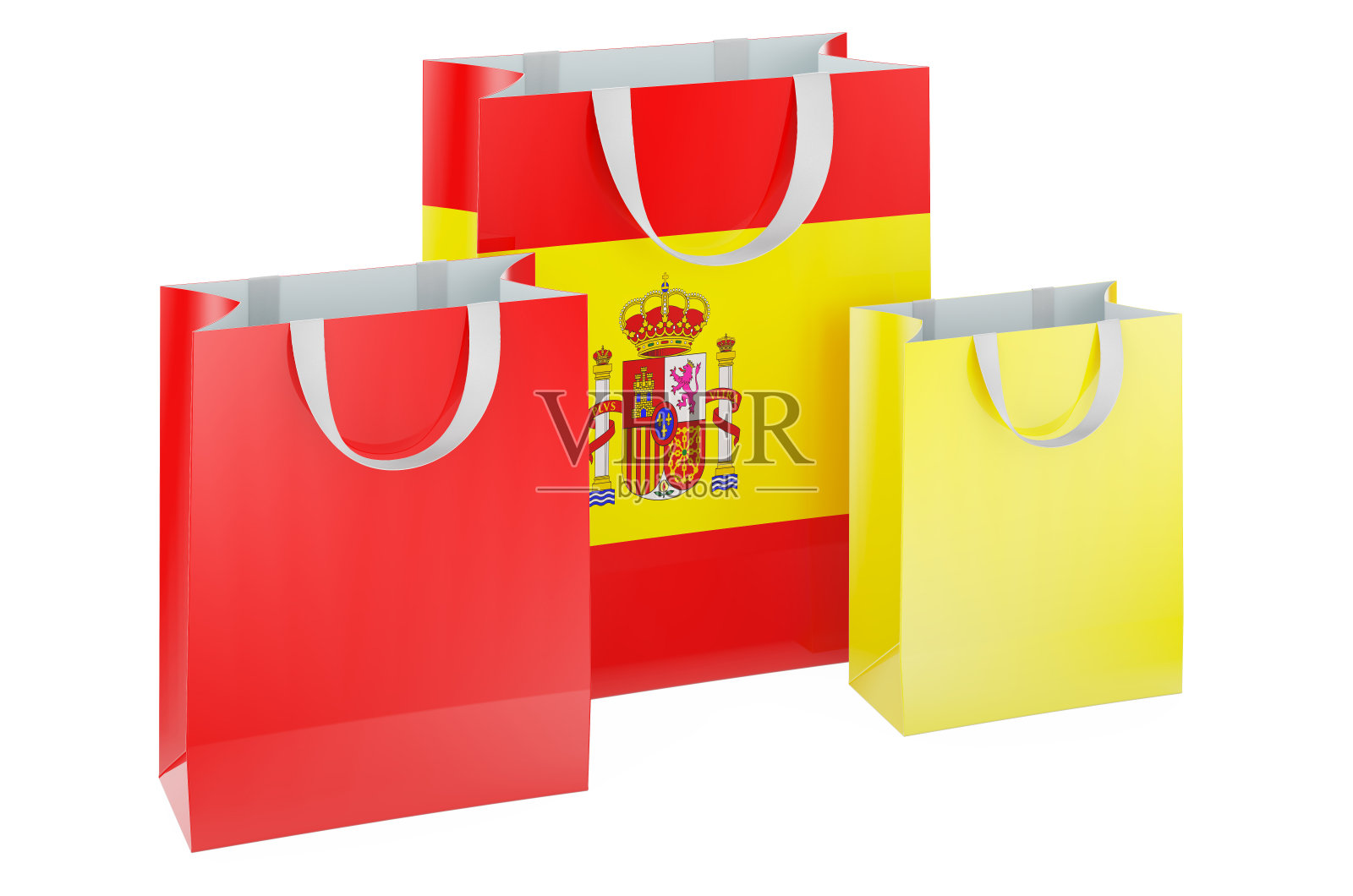 印有西班牙国旗的购物袋。在西班牙购物，概念。三维渲染照片摄影图片