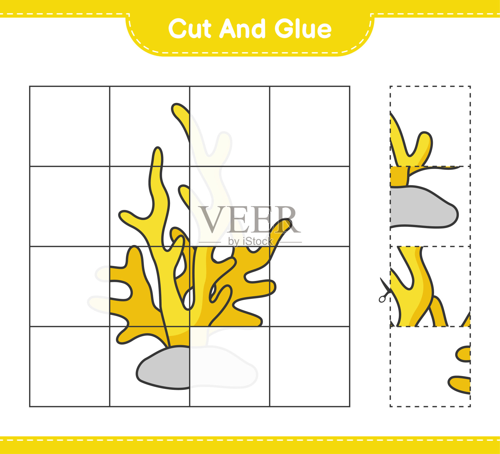 剪切和胶水，切割部分珊瑚和胶水。教育儿童游戏，可打印的工作表，矢量插图插画图片素材
