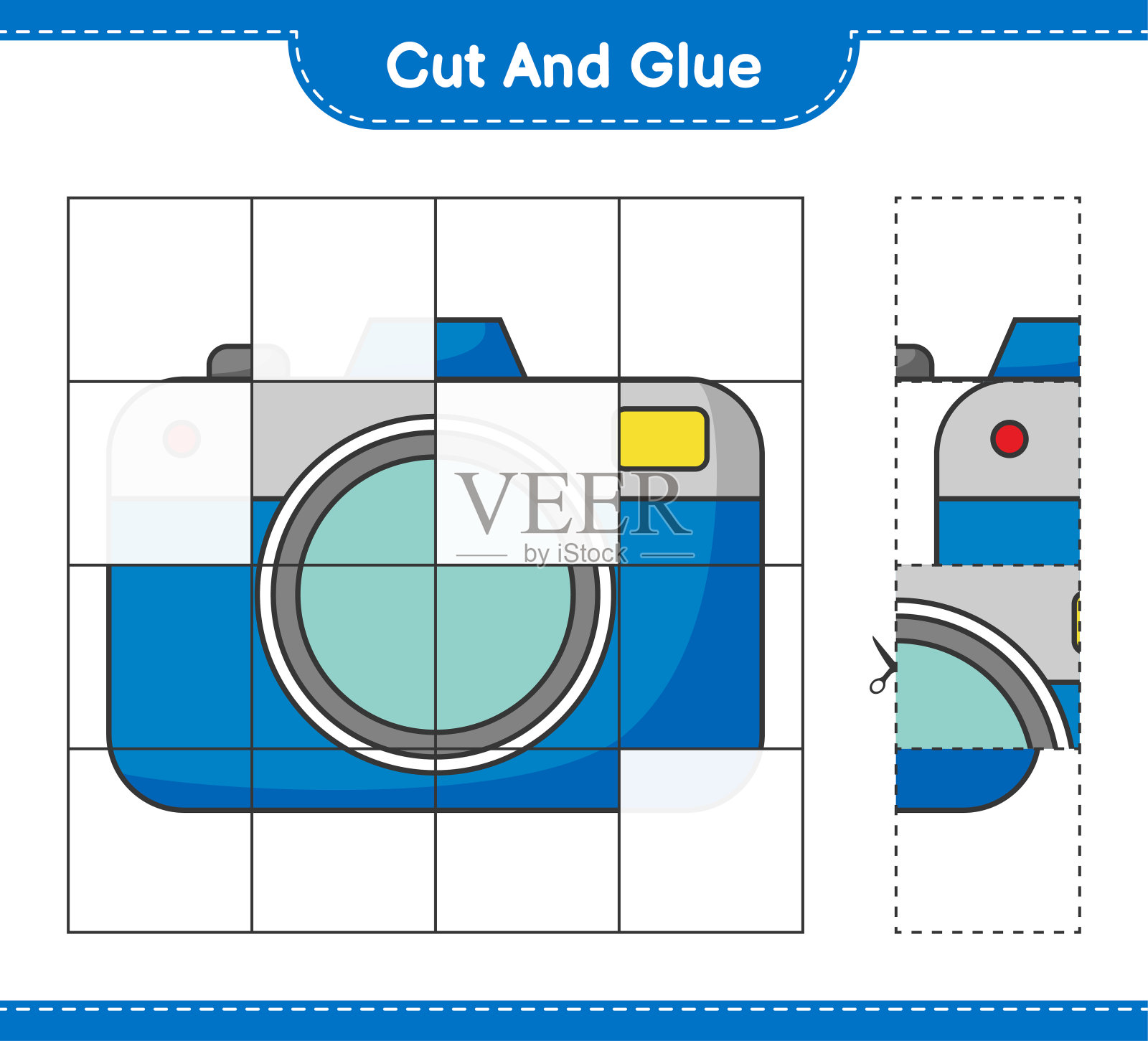 剪切、粘接，对相机零件进行剪切、粘接。教育儿童游戏，可打印的工作表，矢量插图插画图片素材