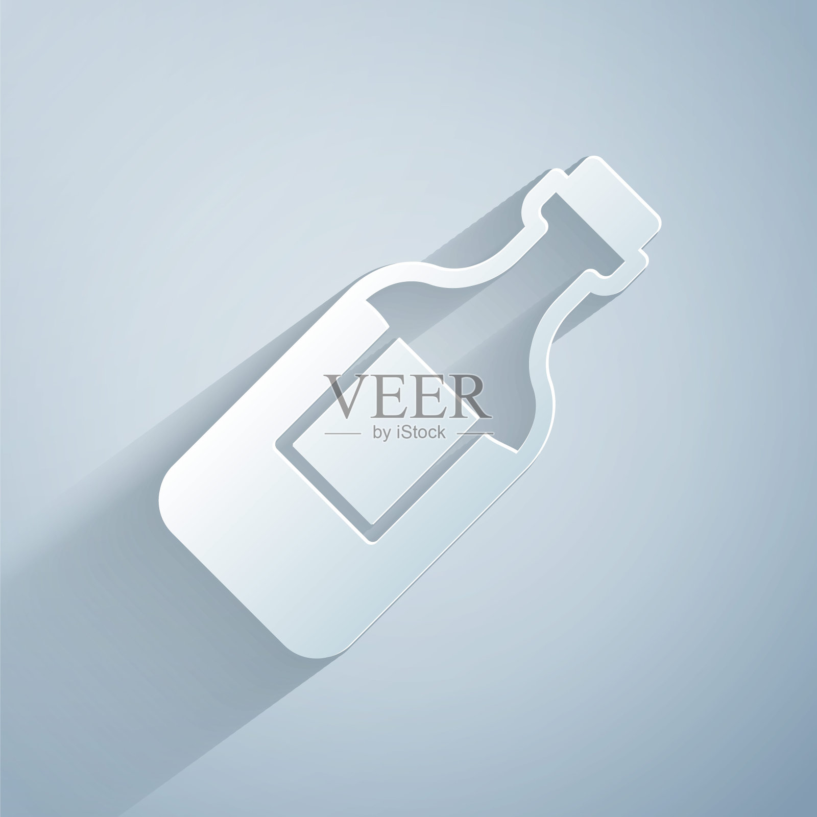 剪纸瓶子水图标孤立的灰色背景。苏打水饮料标志。纸艺术风格。向量设计元素图片